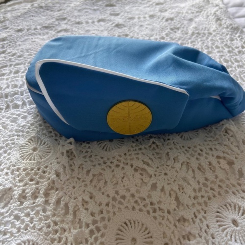 Pan Am Flight Attendant Pillbox Hat Blue White Piping Gold Logo Retro Costume